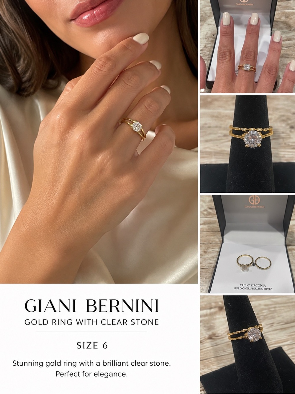 Giani Bernini Gold Over Silver Ring Cubic Zirconia Size 6 NEW